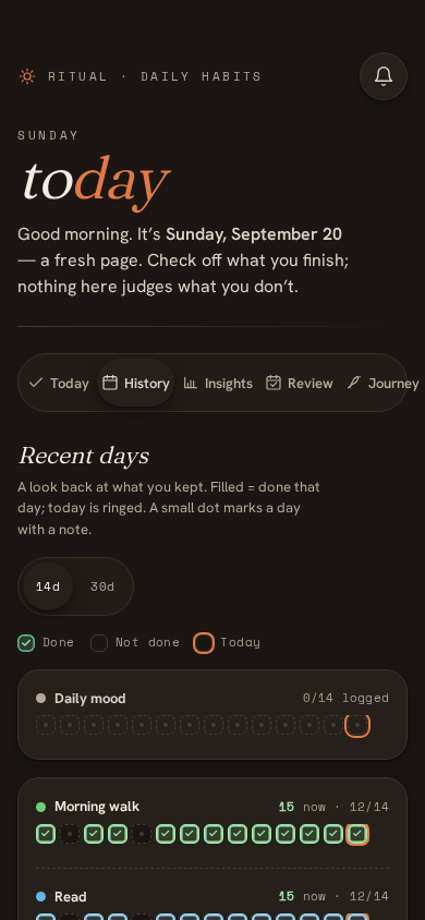 The History view in dark mode showing streaks and filled checkboxes for Morning walk and Read