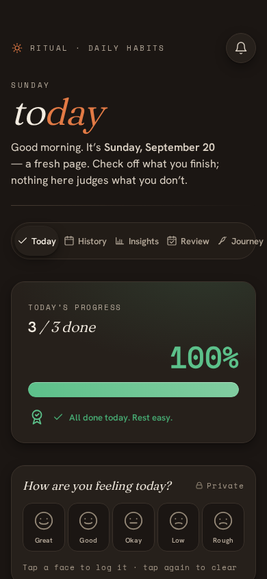 The Today screen in dark mode showing 3 of 3 habits done, a 100% progress bar, and the daily mood picker.